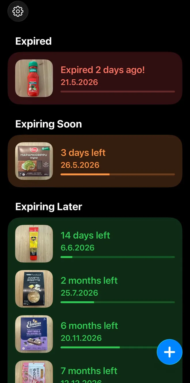 Food expiration date tracker list grouped into expired, expiring soon, and expiring later