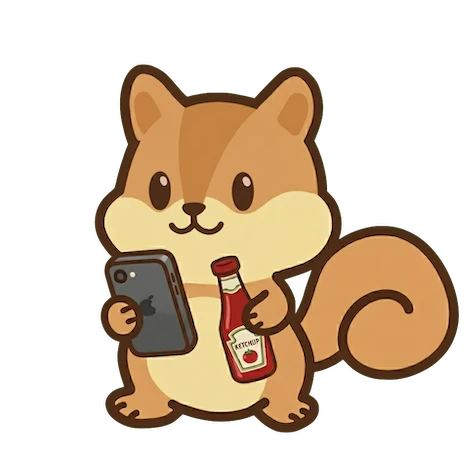 Risu the squirrel mascot holding a phone and a ketchup bottle