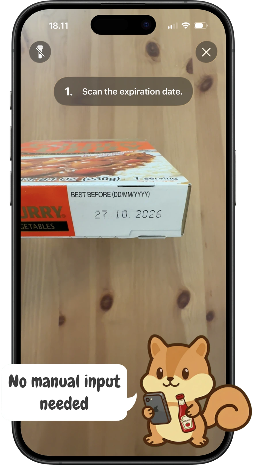 RiScan expiry date scanner reading a best-before date on a curry box, with the mascot saying no manual input needed